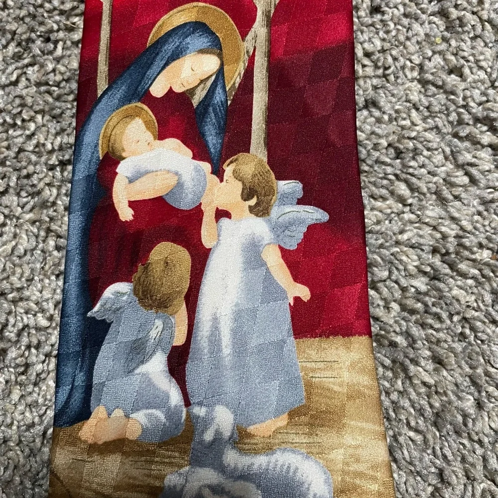 Hallmark Holiday Men's Traditions Christmas Tie Red w/Mary Baby Jesus and Angels